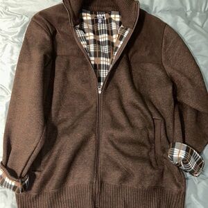 Izod Brown Zip-Up Men's Sweater Jacket with Plaid Lining